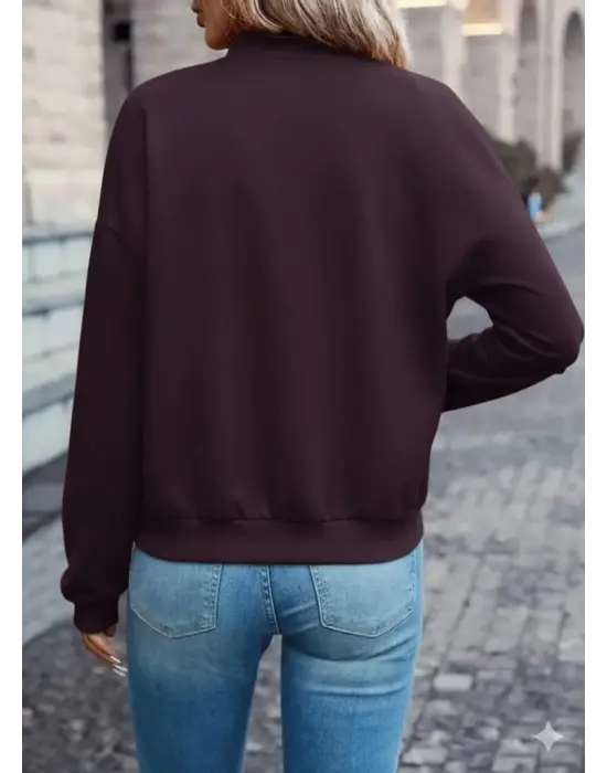 Kadın Uzun Kollu önden Fermuarlı Cepli Modal Mürdüm Ceket