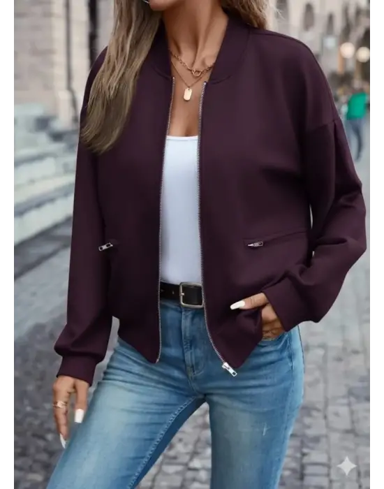 Kadın Uzun Kollu önden Fermuarlı Cepli Modal Mürdüm Ceket