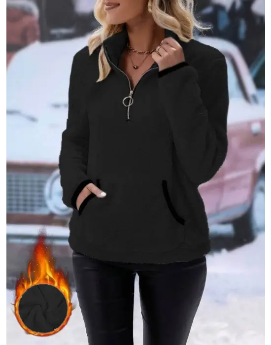 Kadın Uzun Kollu önden Fermuarlı Cepli Peluş Sweat