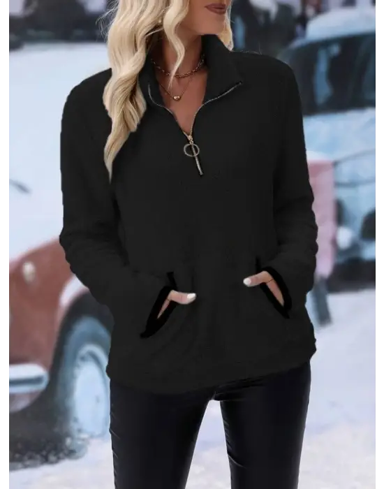 Kadın Uzun Kollu önden Fermuarlı Cepli Peluş Sweat