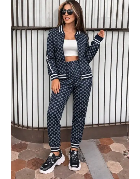 Kadın Uzun Kollu önden Fermuarlı Desenli Iki Iplik Bluz Ve Pantolon Ikili Takım