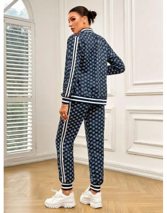 Kadın Uzun Kollu önden Fermuarlı Desenli Iki Iplik Bluz Ve Pantolon Ikili Takım