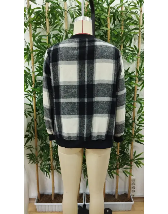 Kadın Uzun Kollu önden Fermuarlı Ekose Desenli Ceket