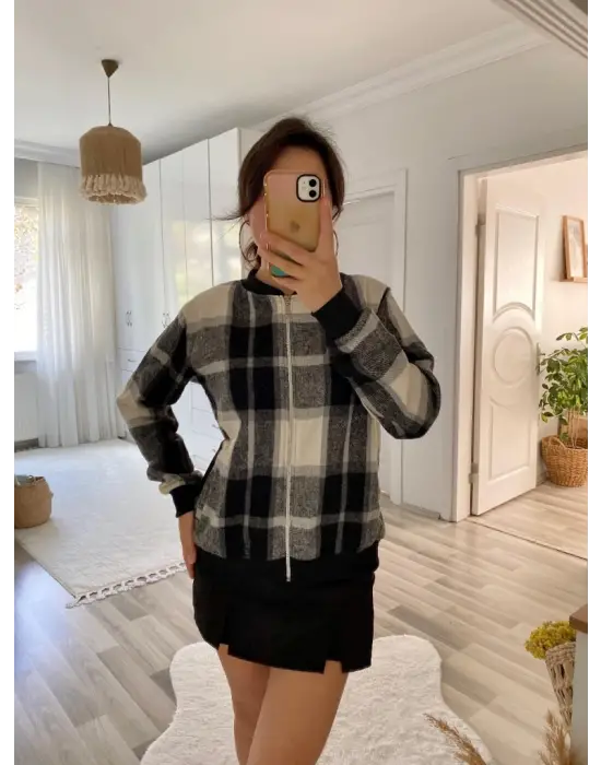 Kadın Uzun Kollu önden Fermuarlı Ekose Desenli Ceket