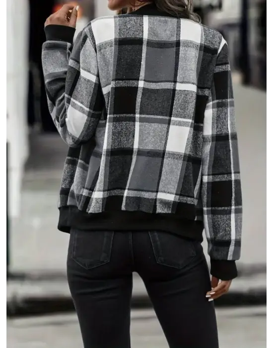 Kadın Uzun Kollu önden Fermuarlı Ekose Desenli Ceket