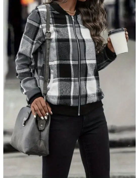 Kadın Uzun Kollu önden Fermuarlı Ekose Desenli Ceket