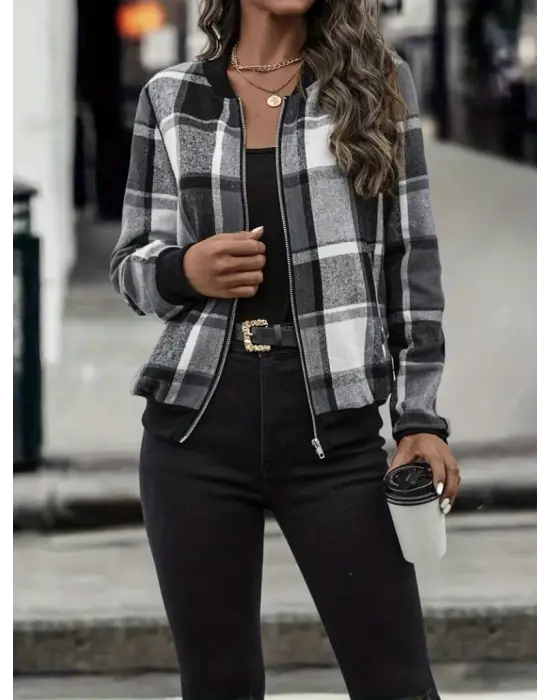 Kadın Uzun Kollu önden Fermuarlı Ekose Desenli Ceket
