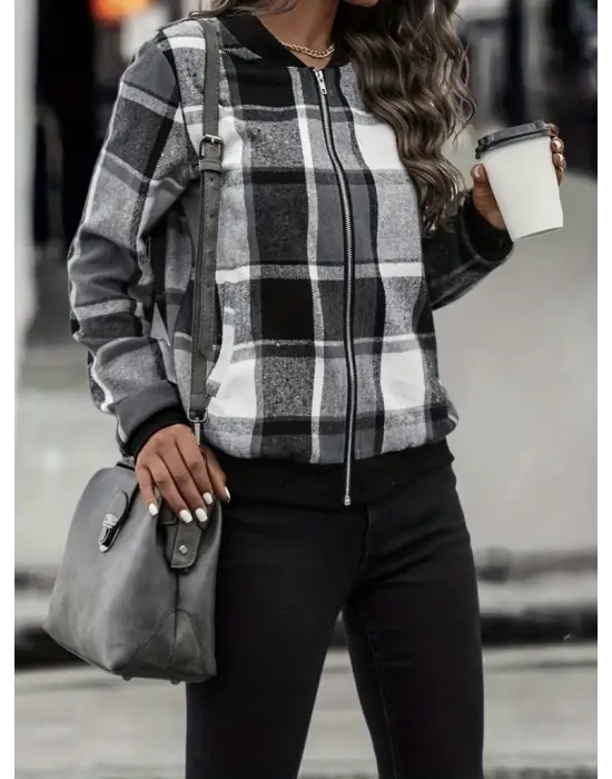 Kadın Uzun Kollu önden Fermuarlı Ekose Desenli Ceket