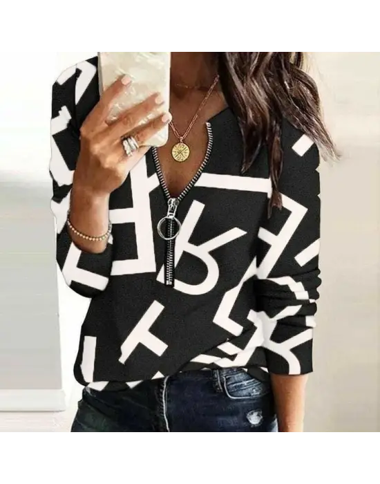 Kadın Uzun Kollu önden Fermuarlı Harf Baskılı şardonlu Dalgıç Bluz