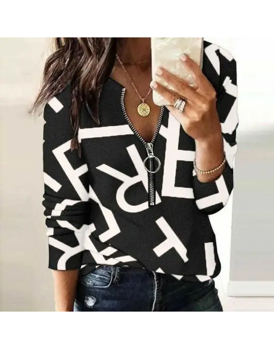 Kadın Uzun Kollu önden Fermuarlı Harf Baskılı şardonlu Dalgıç Bluz