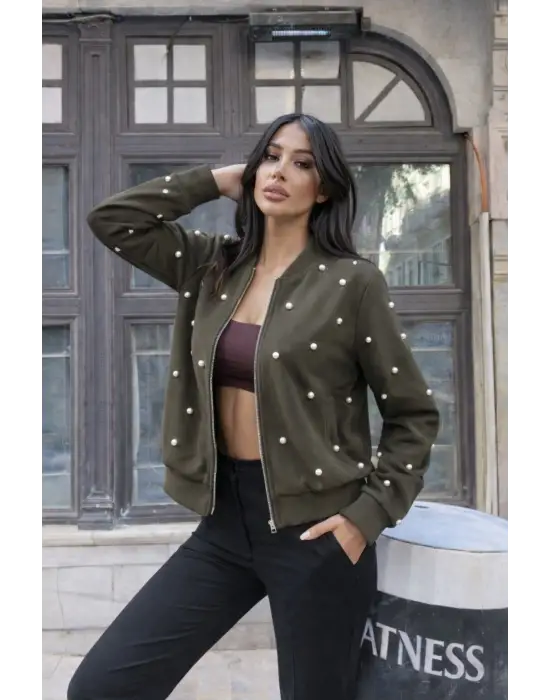 Kadın Uzun Kollu önden Fermuarlı Incili Kısa Modal Ceket