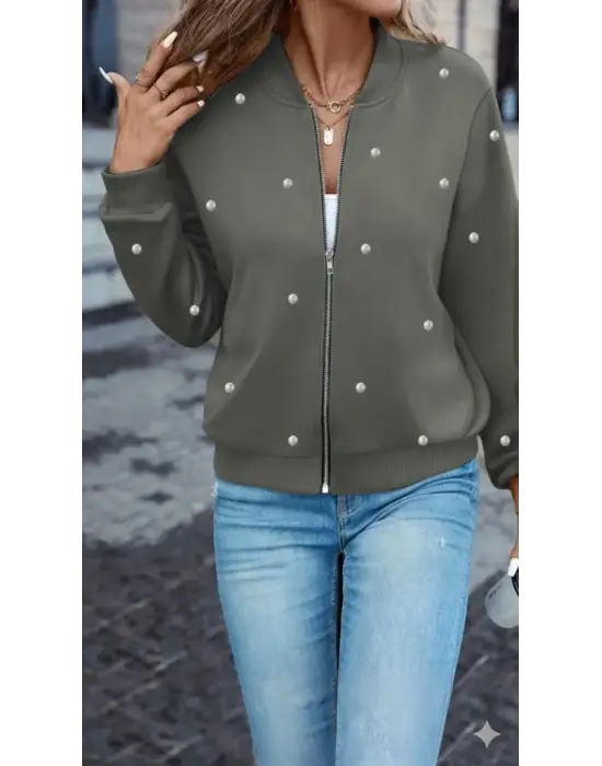 Kadın Uzun Kollu önden Fermuarlı Incili Kısa Modal Ceket