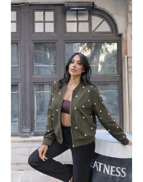 Kadın Uzun Kollu önden Fermuarlı Incili Kısa Modal Ceket