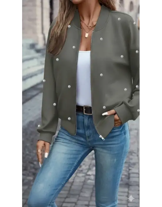 Kadın Uzun Kollu önden Fermuarlı Incili Kısa Modal Ceket
