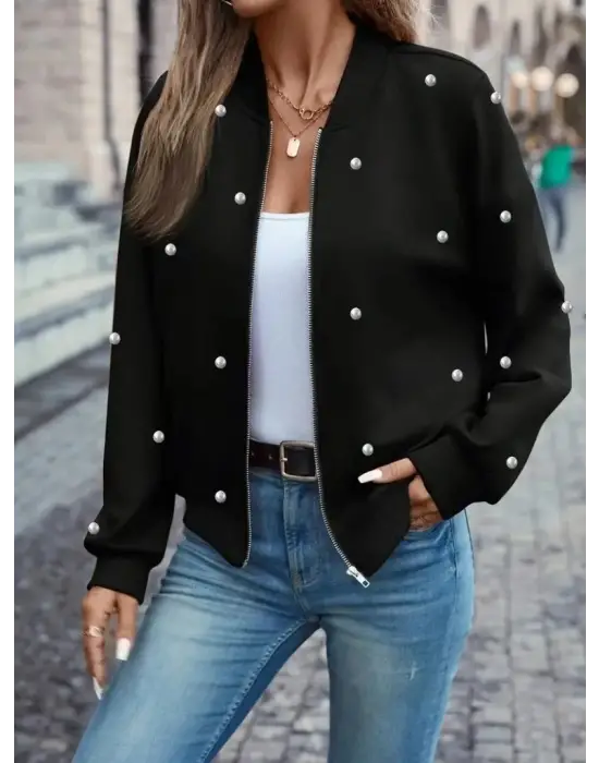 Kadın Uzun Kollu önden Fermuarlı Incili Kısa Modal Ceket