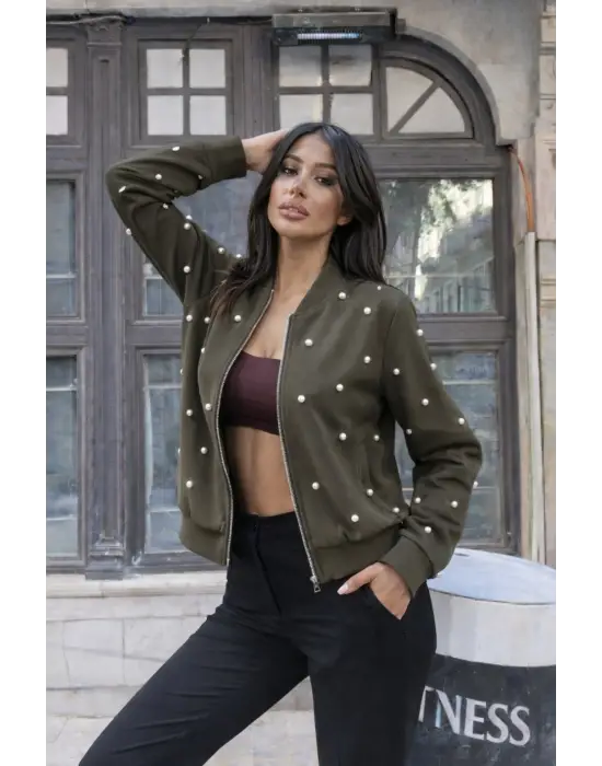 Kadın Uzun Kollu önden Fermuarlı Incili Kısa Modal Ceket