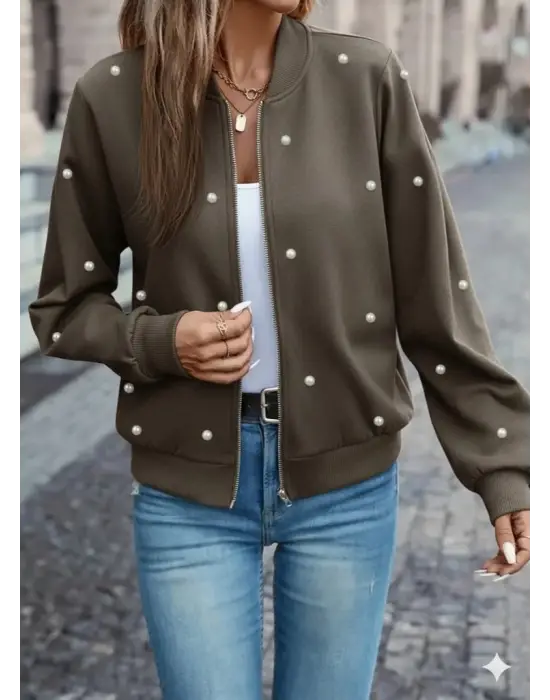 Kadın Uzun Kollu önden Fermuarlı Incili Kısa Modal Ceket