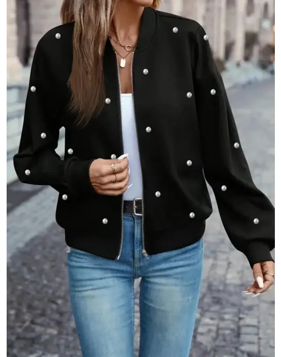 Kadın Uzun Kollu önden Fermuarlı Incili Kısa Modal Ceket