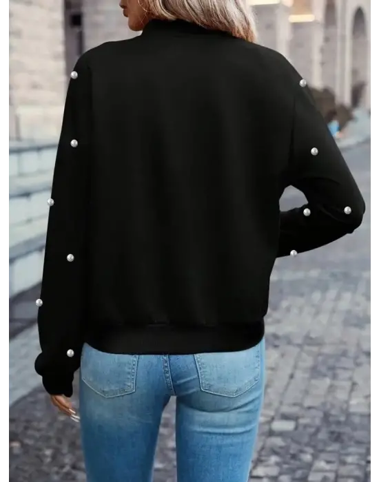 Kadın Uzun Kollu önden Fermuarlı Incili Kısa Modal Ceket