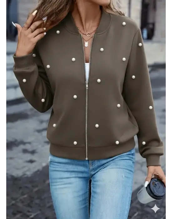 Kadın Uzun Kollu önden Fermuarlı Incili Kısa Modal Ceket