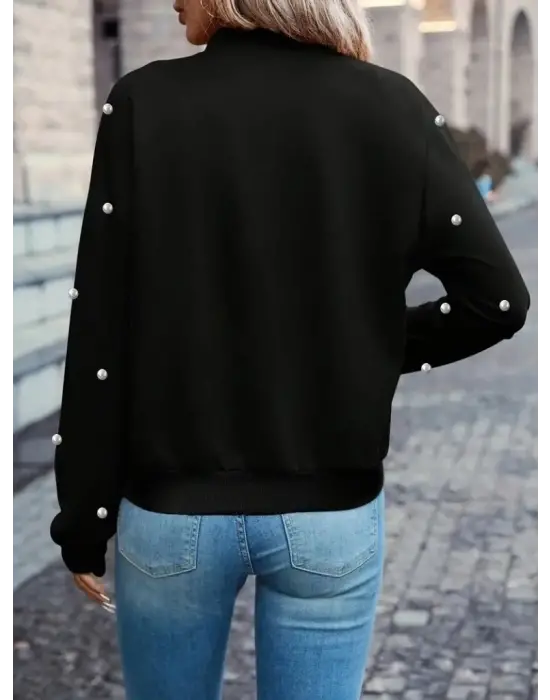 Kadın Uzun Kollu önden Fermuarlı Incili Kısa Modal Ceket