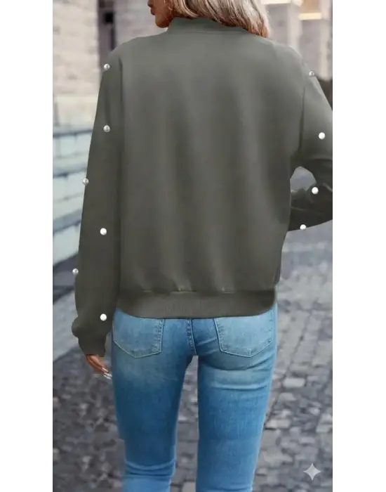 Kadın Uzun Kollu önden Fermuarlı Incili Kısa Modal Ceket