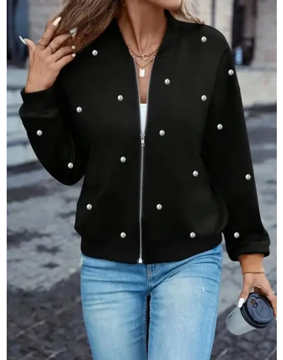 Kadın Uzun Kollu önden Fermuarlı Incili Kısa Modal Ceket