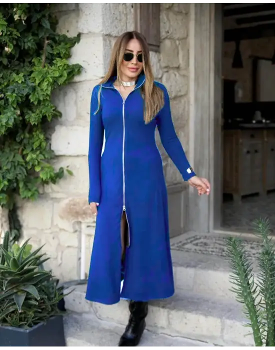 Kadın Uzun Kollu önden Fermuarlı Ithal Krep Elbise