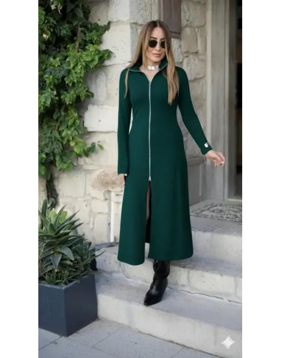 Kadın Uzun Kollu önden Fermuarlı Ithal Krep Elbise