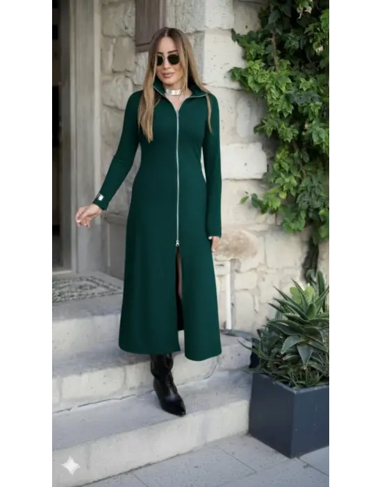 Kadın Uzun Kollu önden Fermuarlı Ithal Krep Elbise