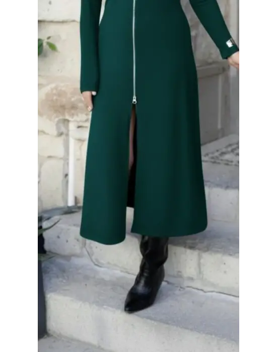 Kadın Uzun Kollu önden Fermuarlı Ithal Krep Elbise