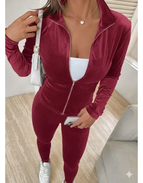 Kadın Uzun Kollu önden Fermuarlı Kadife Bluz Ve Pantolon Ikili Takım
