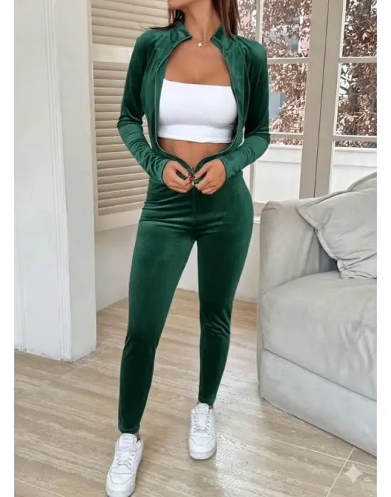 Kadın Uzun Kollu önden Fermuarlı Kadife Bluz Ve Pantolon Ikili Takım