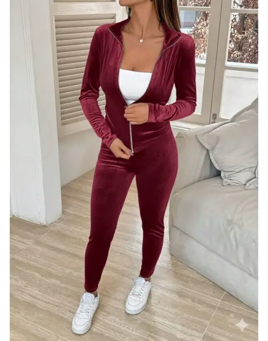 Kadın Uzun Kollu önden Fermuarlı Kadife Bluz Ve Pantolon Ikili Takım