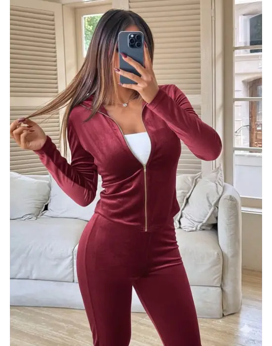 Kadın Uzun Kollu önden Fermuarlı Kadife Bluz Ve Pantolon Ikili Takım