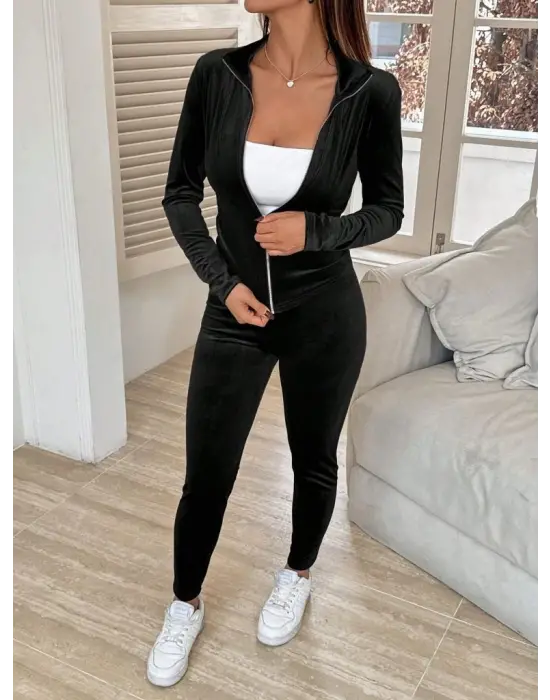 Kadın Uzun Kollu önden Fermuarlı Kadife Bluz Ve Pantolon Ikili Takım