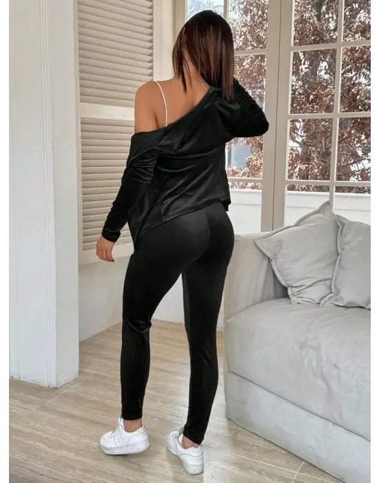 Kadın Uzun Kollu önden Fermuarlı Kadife Bluz Ve Pantolon Ikili Takım