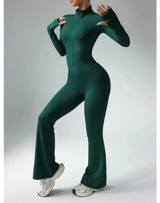 Kadın Uzun Kollu önden Fermuarlı Kısa Dalgıç Bluz Ve Pantolon Ikili Takım