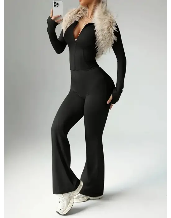 Kadın Uzun Kollu önden Fermuarlı Kısa Dalgıç Bluz Ve Pantolon Ikili Takım