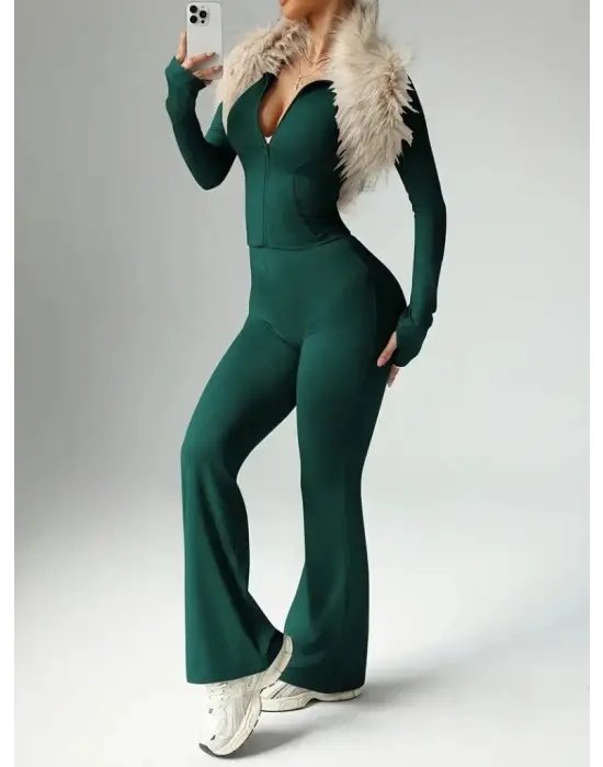 Kadın Uzun Kollu önden Fermuarlı Kısa Dalgıç Bluz Ve Pantolon Ikili Takım