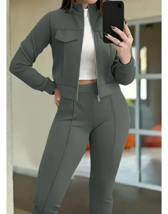 Kadın Uzun Kollu önden Fermuarlı Kısa Modal Ceket Ve Pantolon Ikili Takım