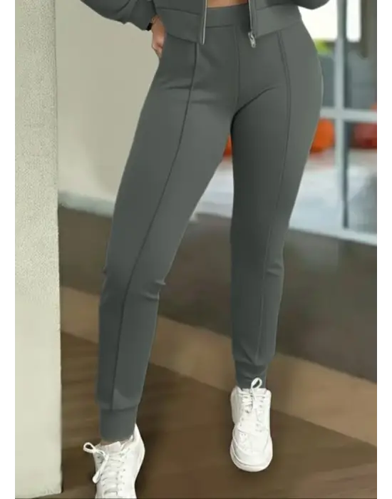 Kadın Uzun Kollu önden Fermuarlı Kısa Modal Ceket Ve Pantolon Ikili Takım