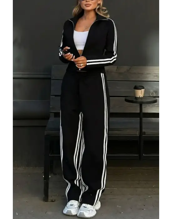 Kadın Uzun Kollu önden Fermuarlı Kısa Viskon Iki Iplik Bluz Ve Pantolon Ikili Takım