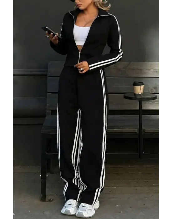 Kadın Uzun Kollu önden Fermuarlı Kısa Viskon Iki Iplik Bluz Ve Pantolon Ikili Takım