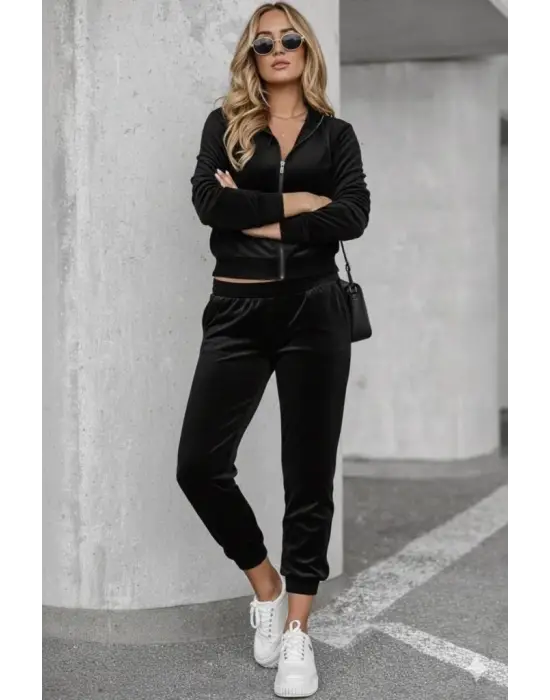 Kadın Uzun Kollu önden Fermuarlı Krop Kadife Ceket Ve Pantolon Ikili Takım