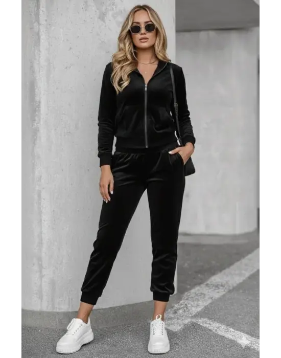 Kadın Uzun Kollu önden Fermuarlı Krop Kadife Ceket Ve Pantolon Ikili Takım