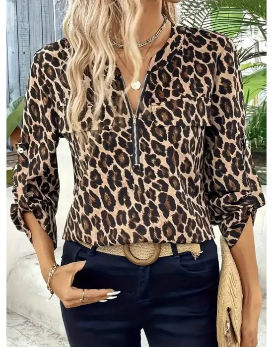 Trend Leopar Desenli Modal Bluz