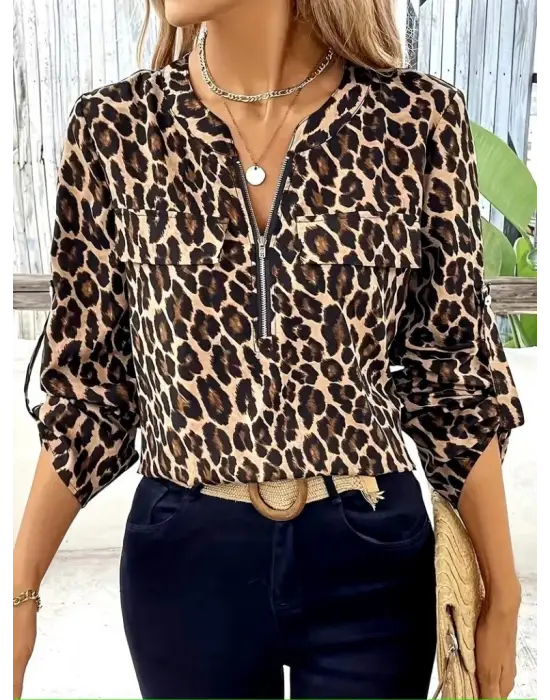 Trend Leopar Desenli Modal Bluz