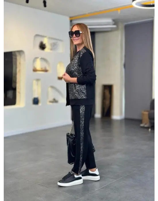 Kadın Uzun Kollu önden Fermuarlı Leopar Desenli Viskon Iki Iplik Bluz Ve Pantolon Ikili Takım