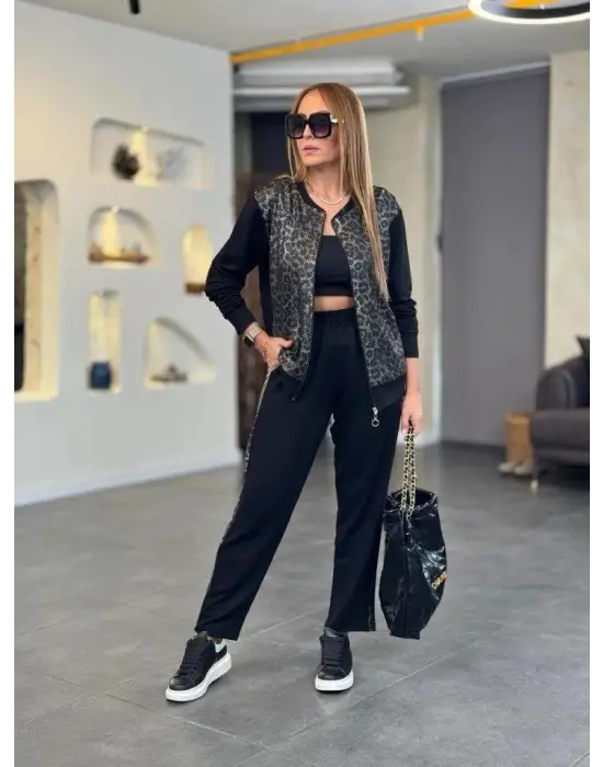 Modern Leopar Desenli Viskon İkili Takım